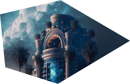 AI-generiert: Pompöses Hotel mit Palmen vor einem dunklen Himmel mit Wolken